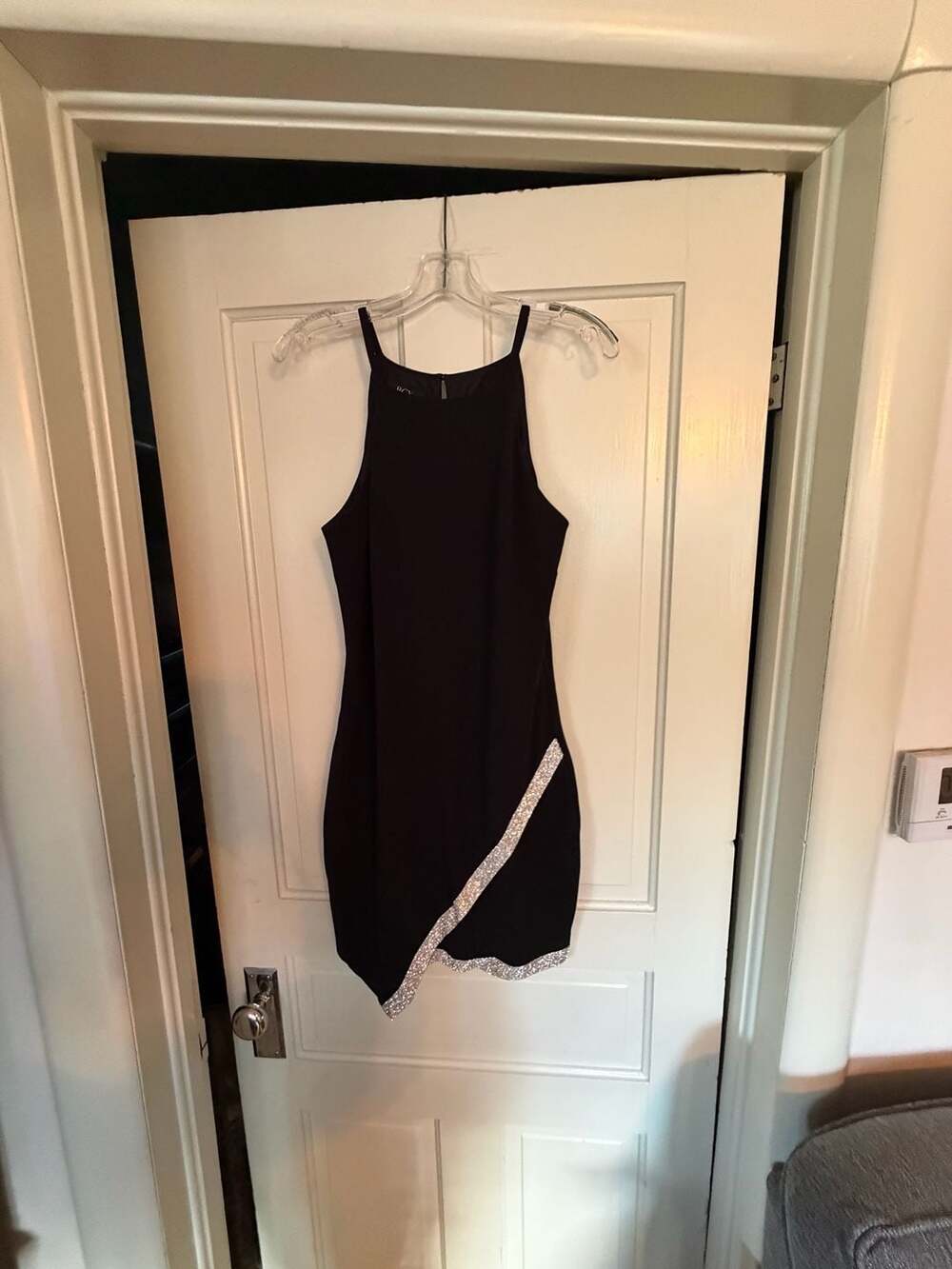 BCX Juniors' Rhinestone Trim Asymmetrical Hem Halter Bodycon Dress
